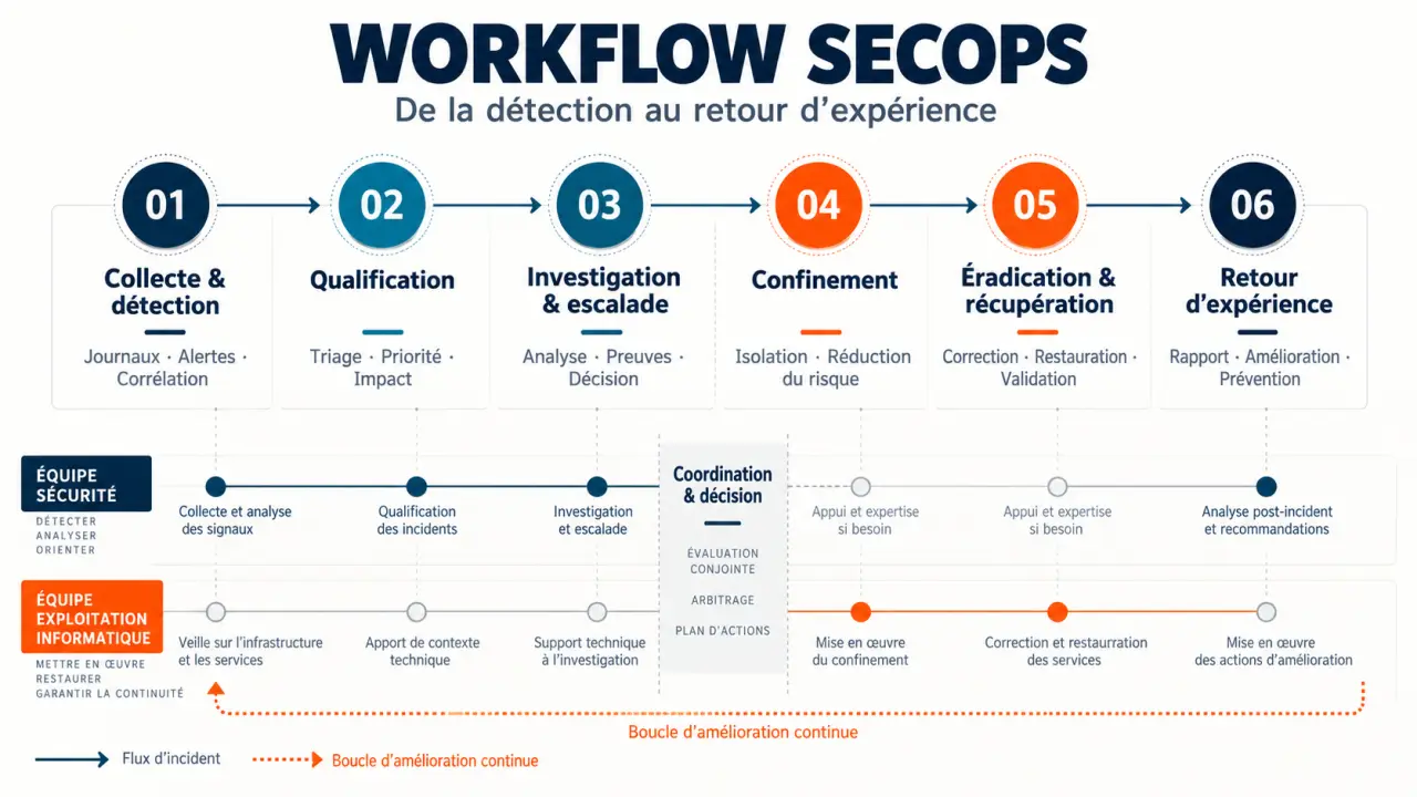 Schéma du workflow SecOps de la détection au rétablissement du service