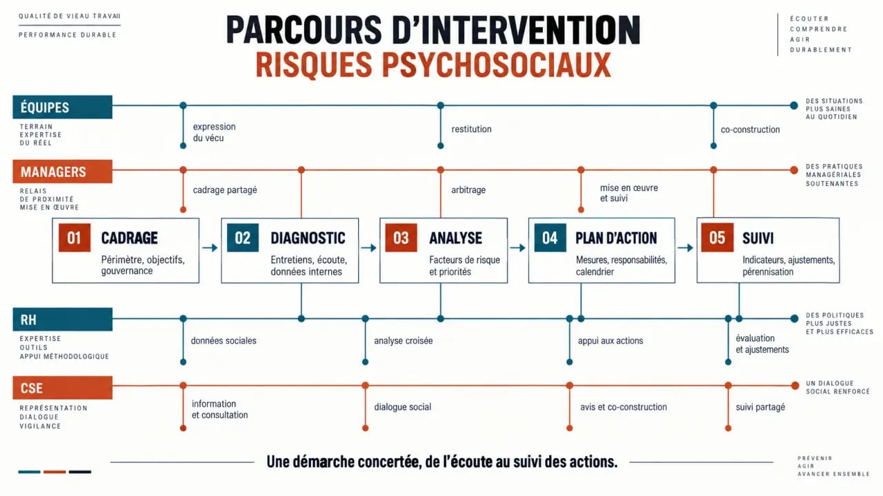 Parcours d’intervention d’un cabinet conseil risques psychosociaux en cinq étapes