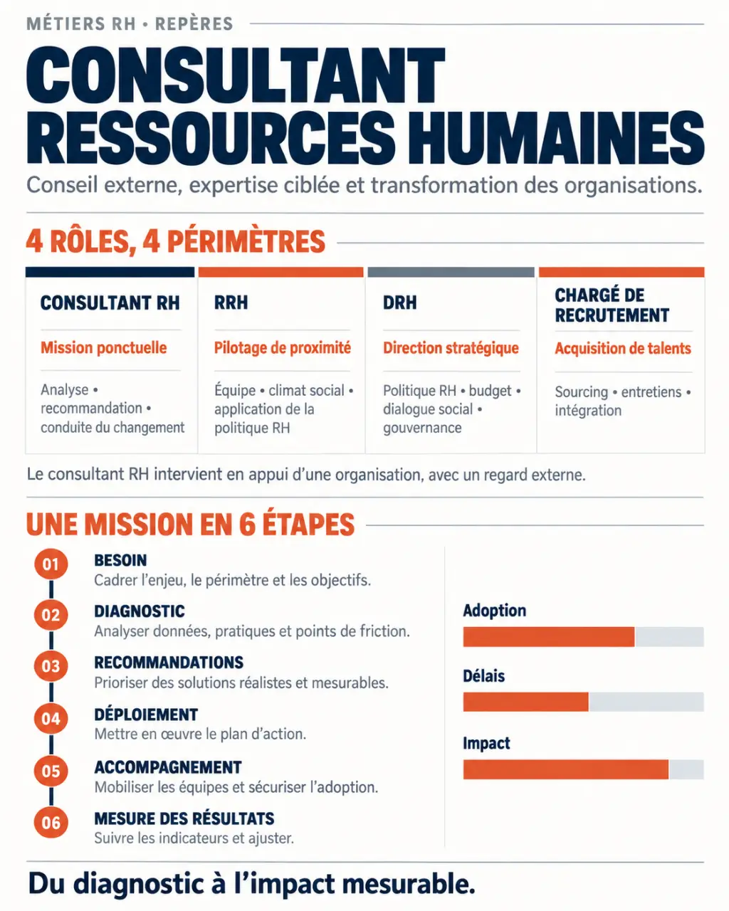 Infographie sur le métier de consultant ressources humaines, ses rôles et les étapes d’une mission