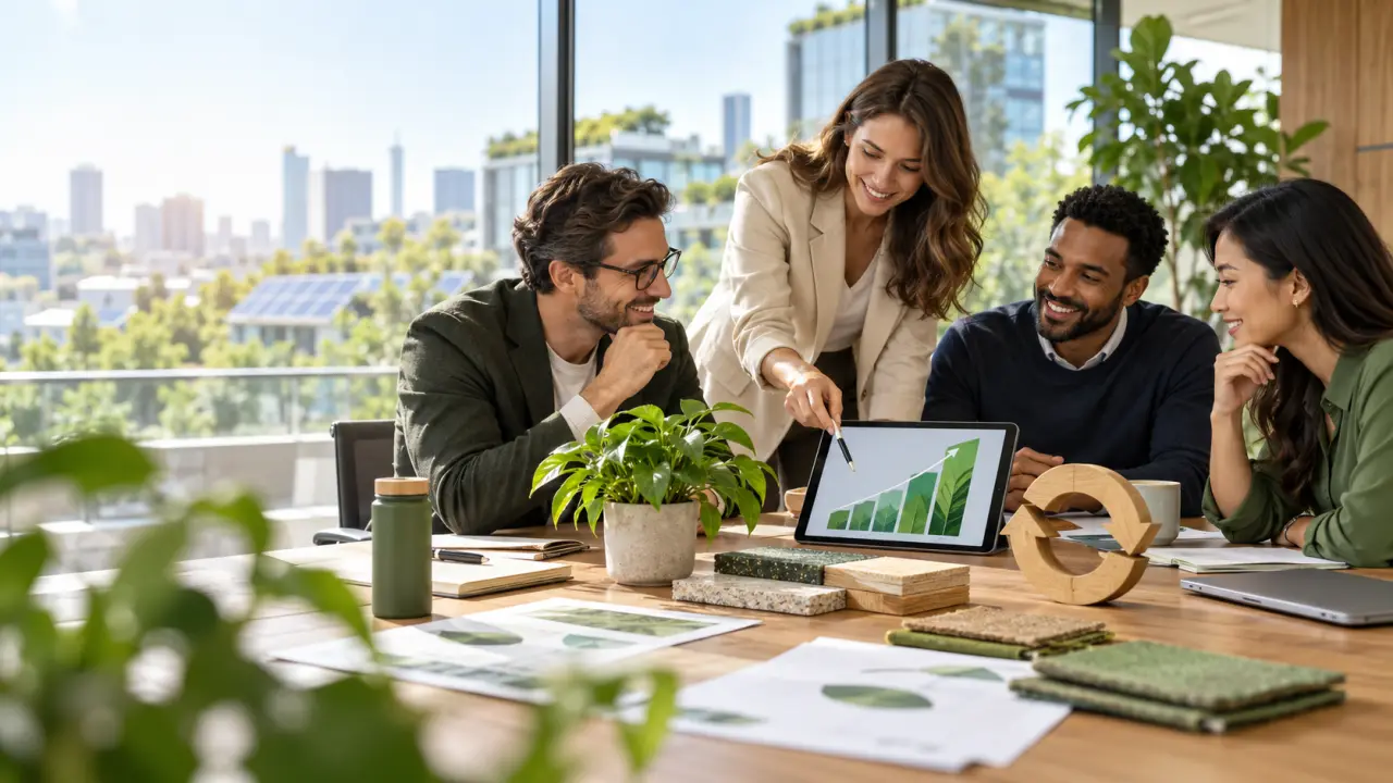 Équipe dirigeante travaillant sur une stratégie RSE dans un environnement professionnel lumineux