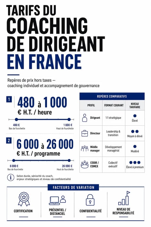 Infographie sur le coaching de dirigeant tarif avec fourchettes de prix et facteurs de variation