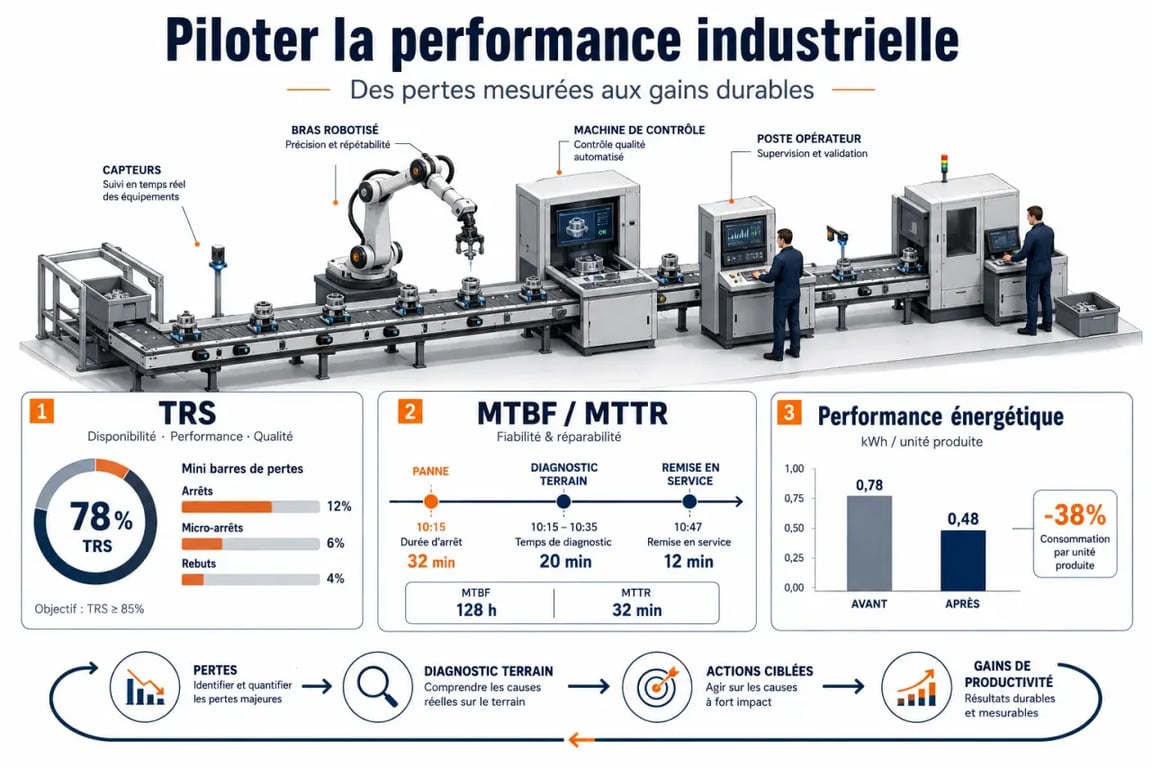 Productivité industrielle : visualisation des KPI TRS, MTBF, MTTR et énergie d’une ligne de production