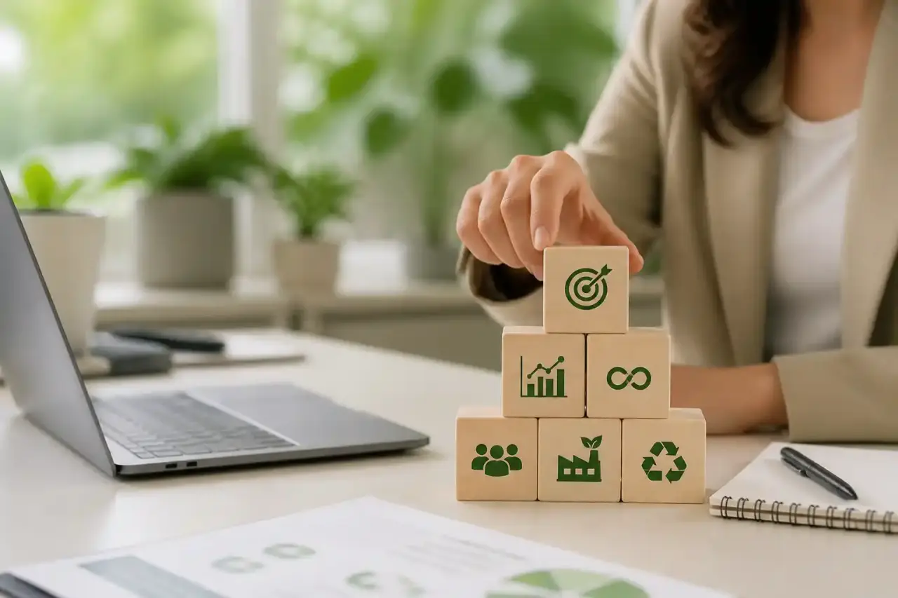 Équipe de direction travaillant sur une stratégie RSE frugale dans un bureau lumineux avec des plantes