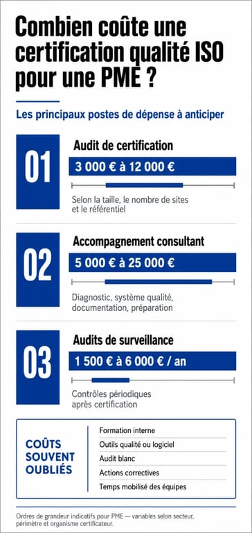 Prix certification qualité iso consultant advisor : infographie des coûts d'audit, de consultant et de surveillance