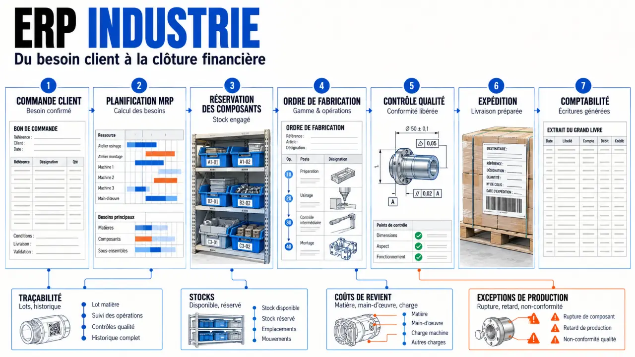 Infographie du flux d'un ERP industrie, de la commande client à la fabrication, au contrôle qualité et à la comptabilité