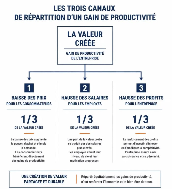 Infographie sur la répartition d'un gain de productivité entre prix, salaires et profits