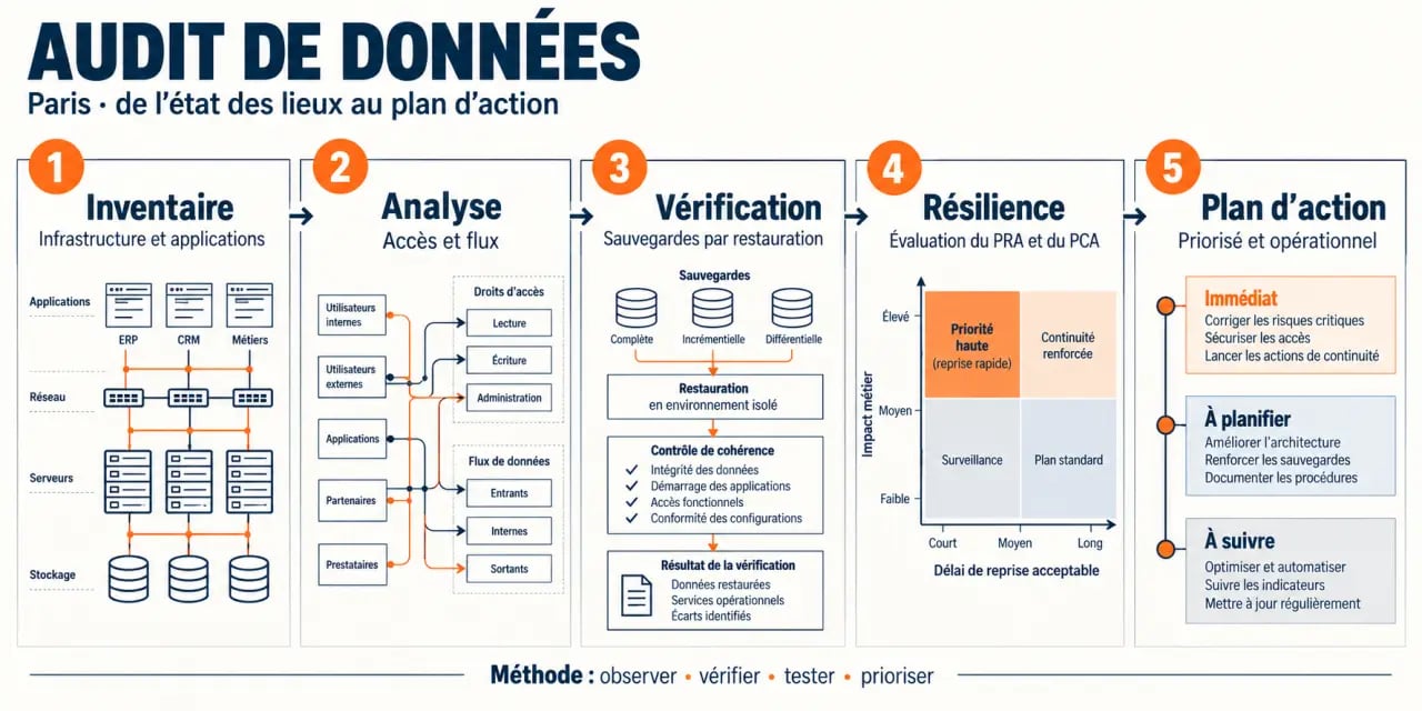 Infographie des étapes d’un audit de données à Paris, des accès aux sauvegardes et au plan d’action