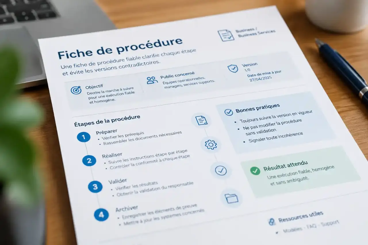 Une fiche de procédure fiable clarifie chaque étape et évite les versions contradictoires