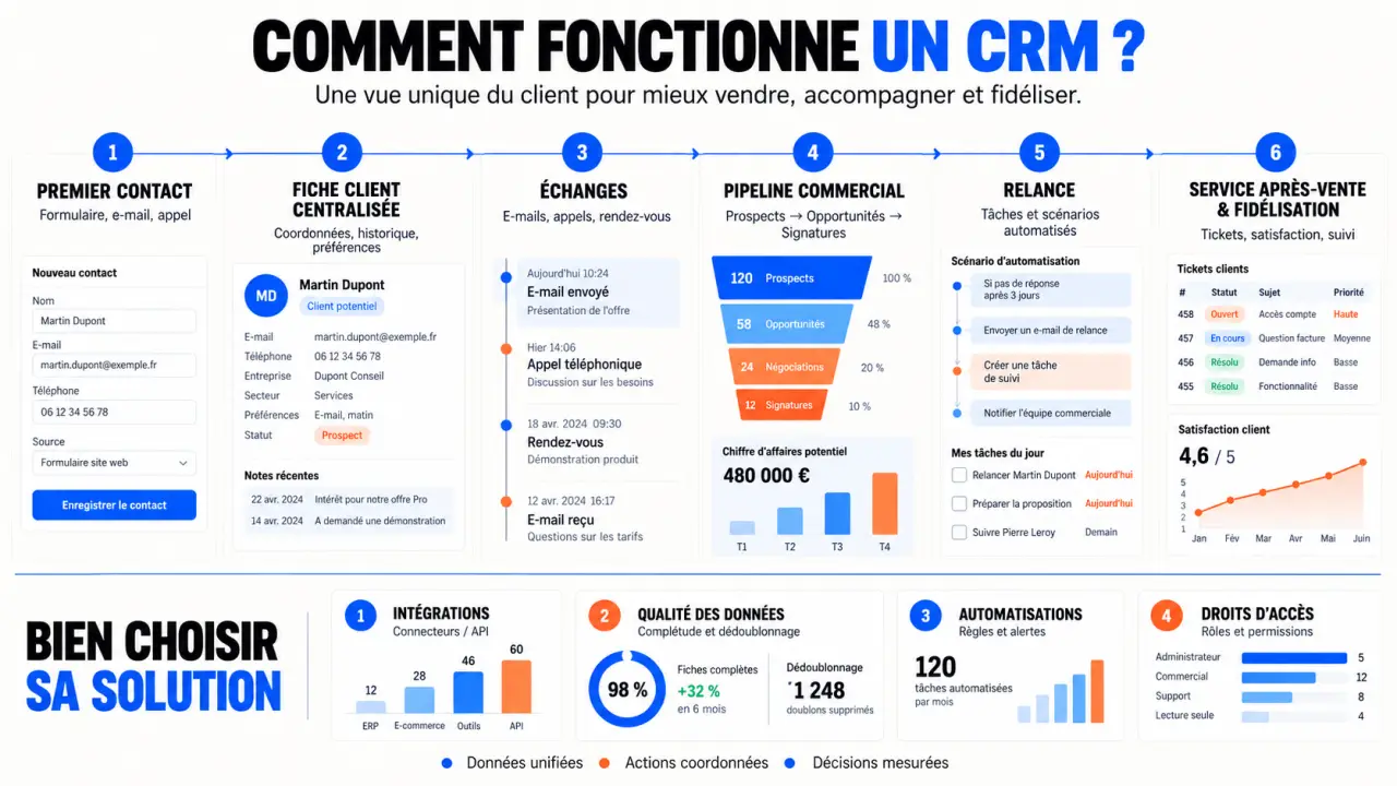 Infographie expliquant le fonctionnement d'une solution CRM, du premier contact au suivi client