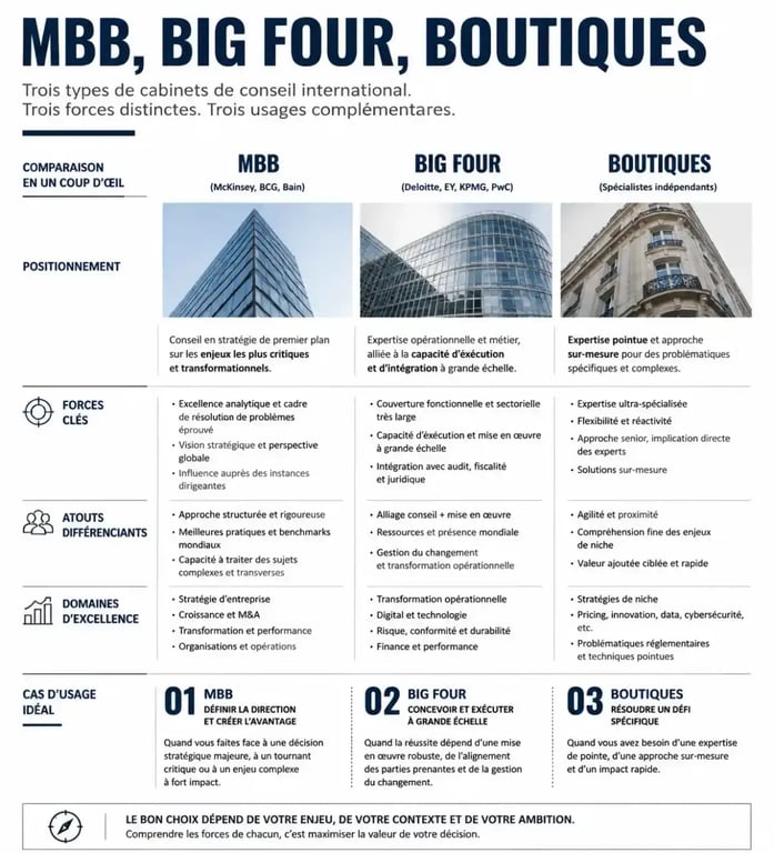 Tableau comparatif des types de cabinet conseil international : MBB, Big Four et Boutiques.