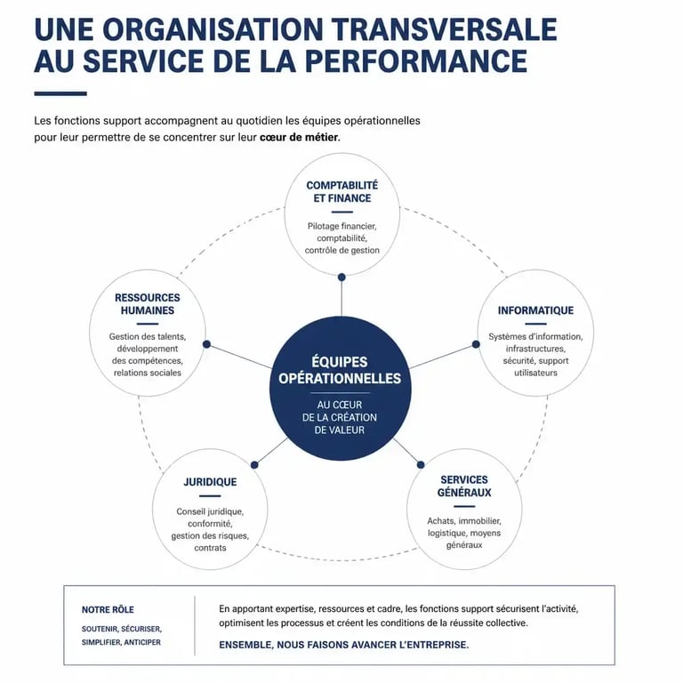 Infographie des services supports en entreprise et leur rôle transversal