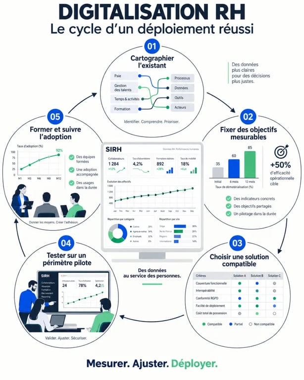 Infographie sur les étapes de la digitalisation RH et du déploiement d'un SIRH