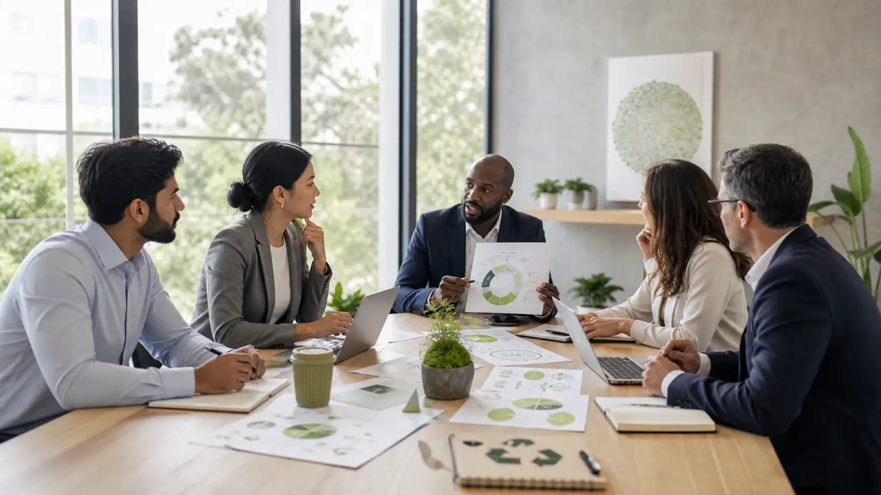 Illustration d'une équipe en réunion RSE dans un bureau lumineux et végétalisé
