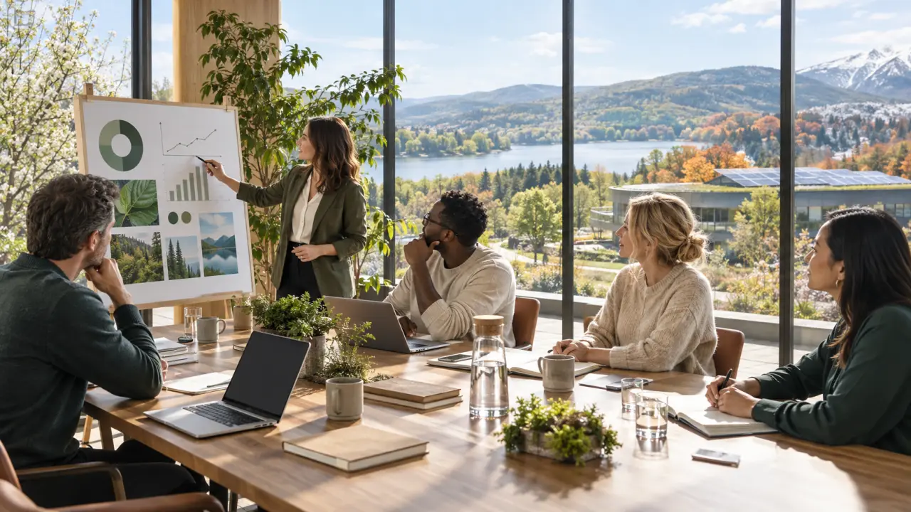 Équipe de dirigeants travaillant sur une stratégie RSE dans un bureau lumineux