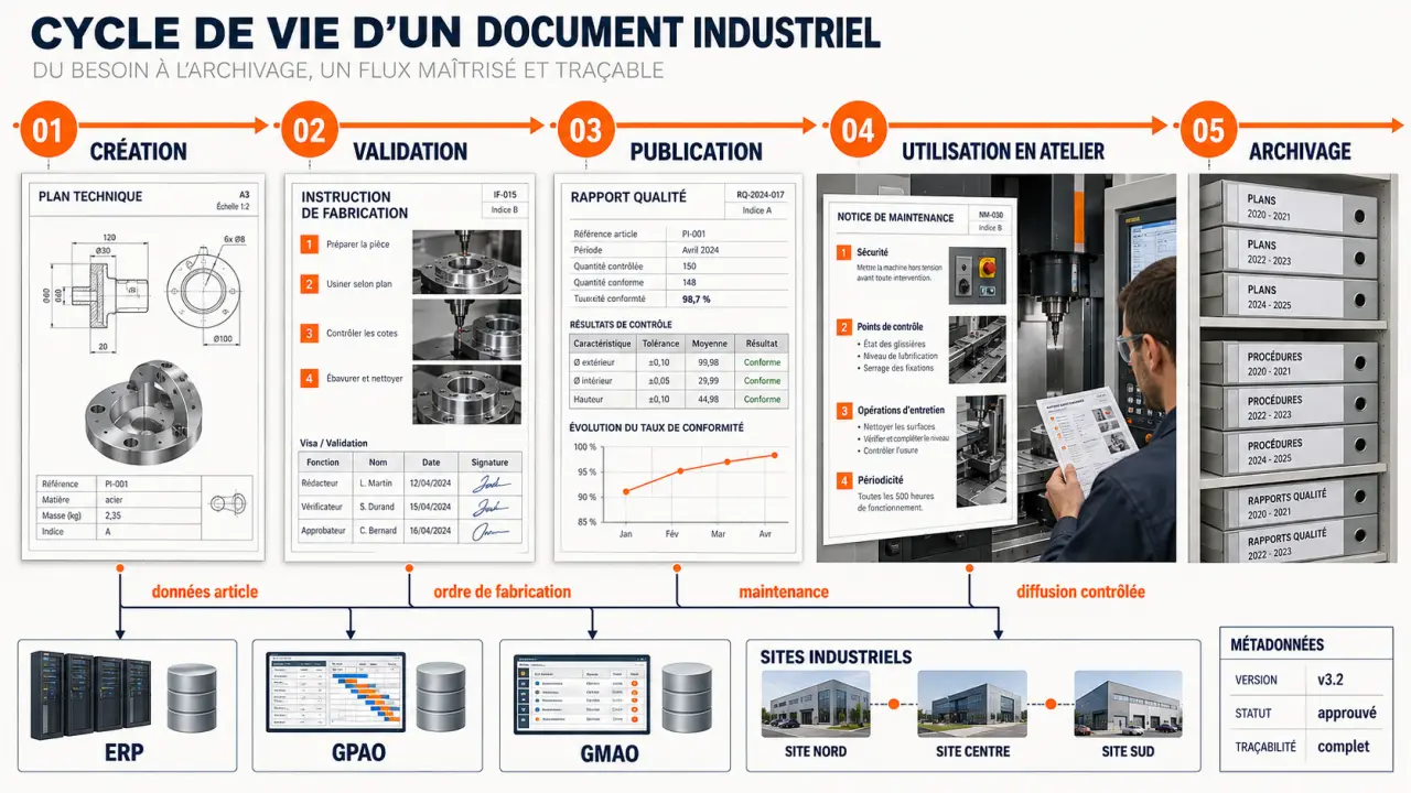 Schéma du cycle documentaire d’une GED industrie intégrée à l’ERP, la GPAO et la GMAO