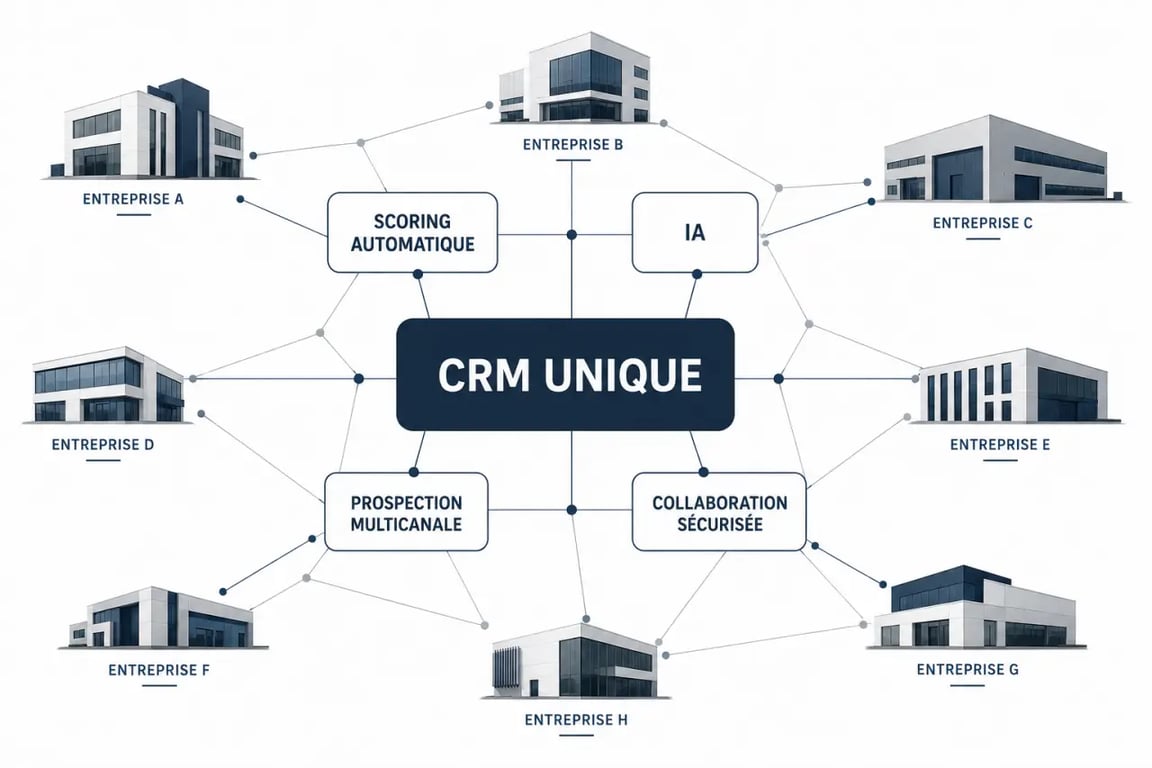 b2b-network-entreprise connexion entreprises : schéma éditorial d’un réseau commercial connecté avec CRM, IA et collaboration sécurisée