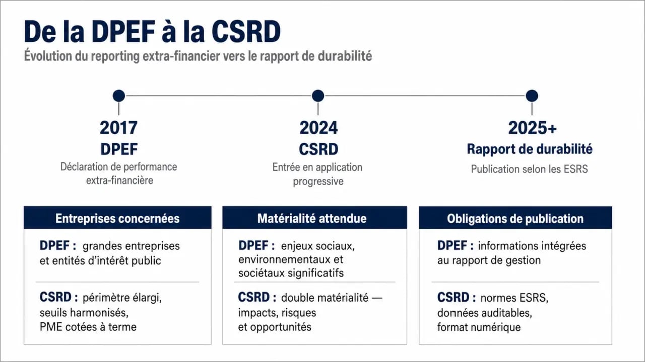 Déclaration de performance extra financière : infographie sur la transition DPEF vers CSRD et les principaux seuils