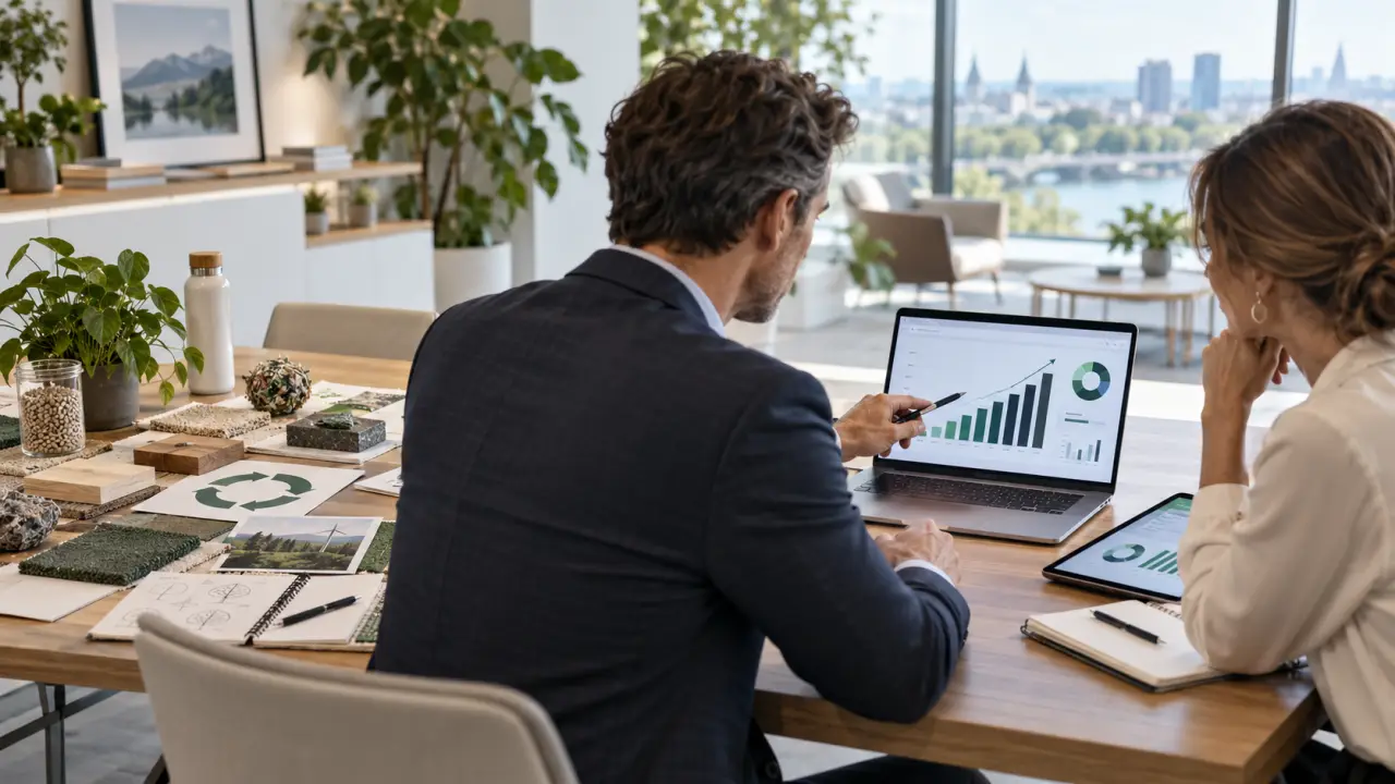 Dirigeants analysant des indicateurs RSE et financiers autour d'une table de travail
