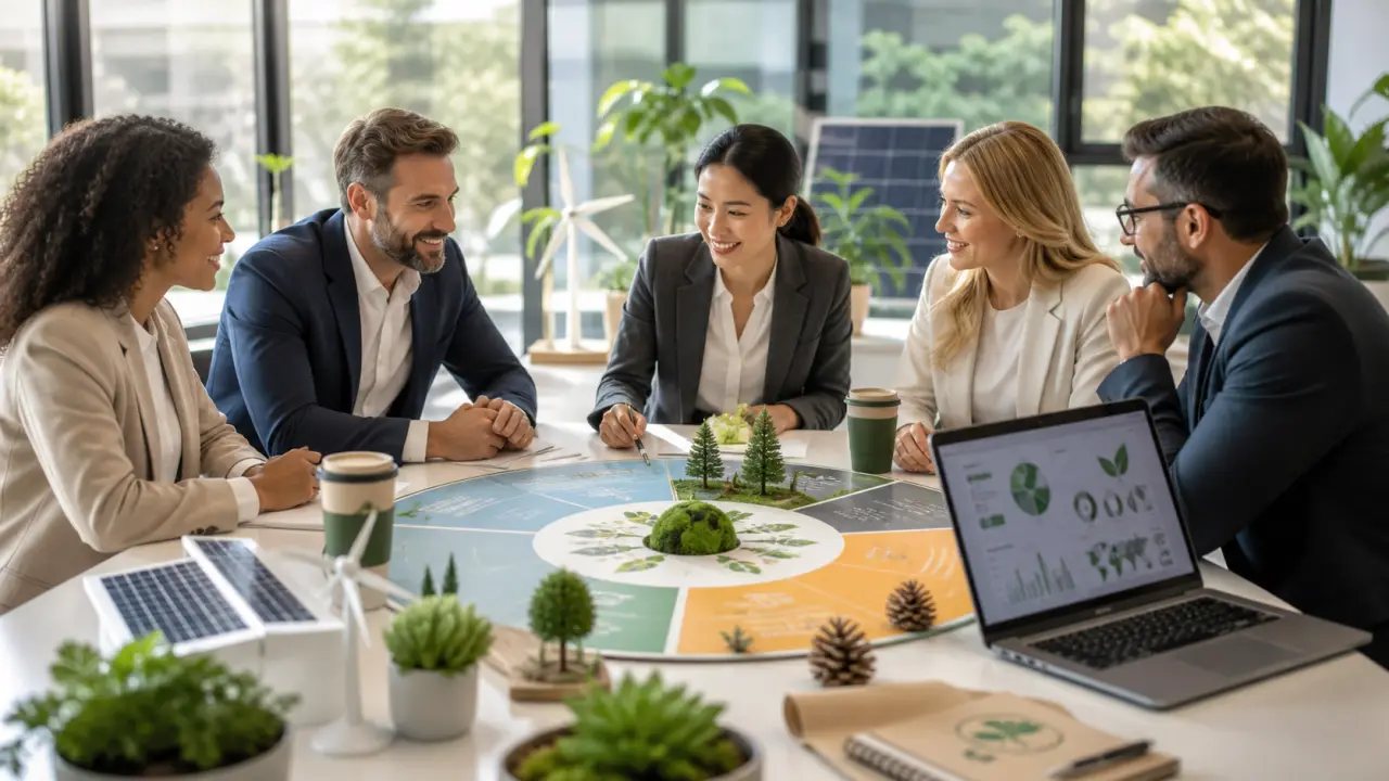 Équipe B2B travaillant sur une feuille de route RSE dans un bureau lumineux et végétalisé