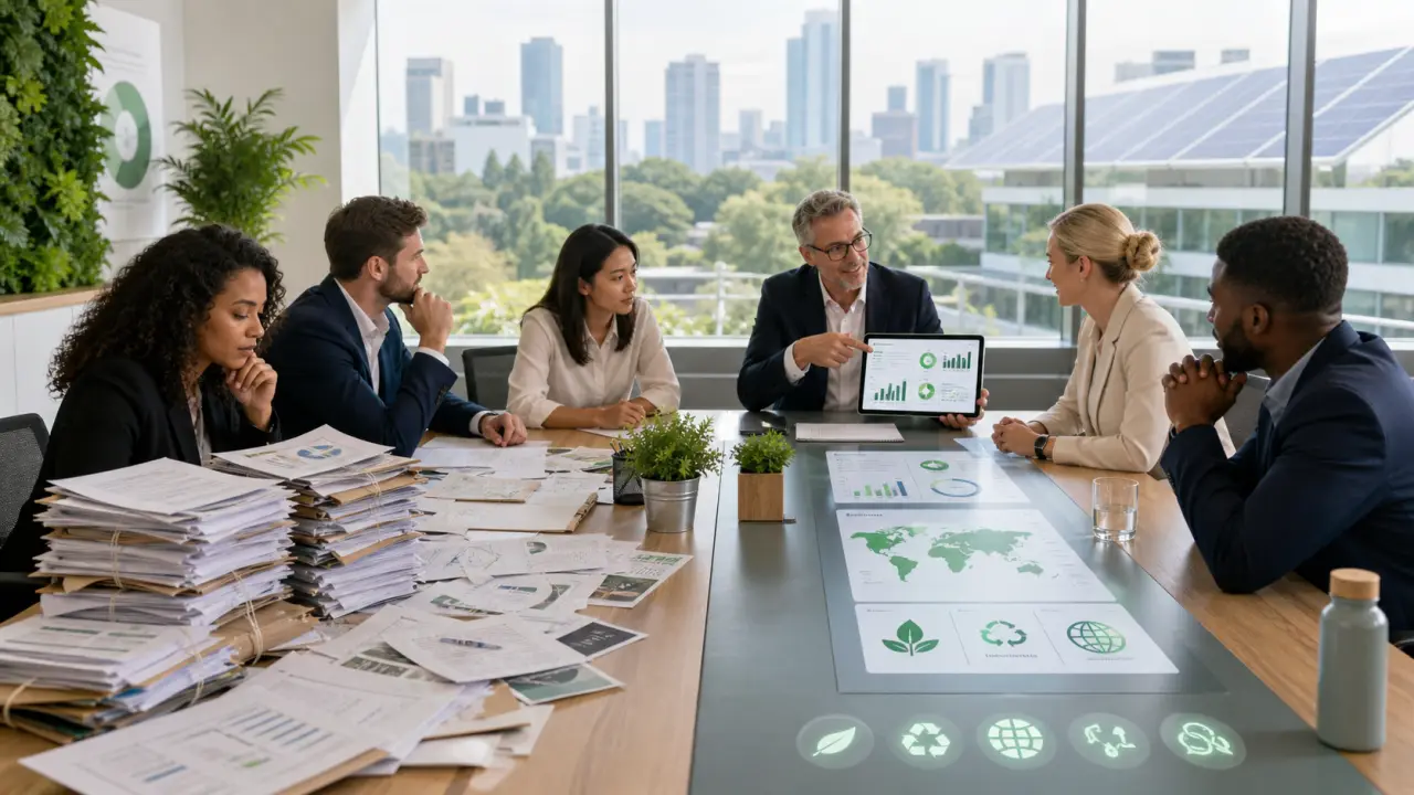 Bureau moderne et lumineux avec équipe travaillant sur des indicateurs RSE