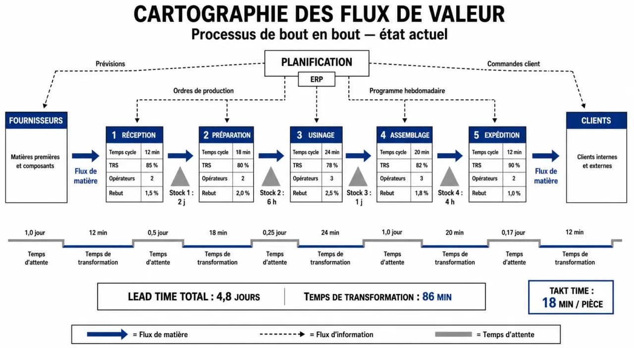 Cartographie flux VSM d’un processus Lean avec lead time, takt time et stocks d’en-cours