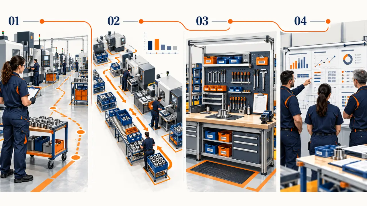 Organisation d’un atelier de production avec flux des matières, postes 5S et management visuel
