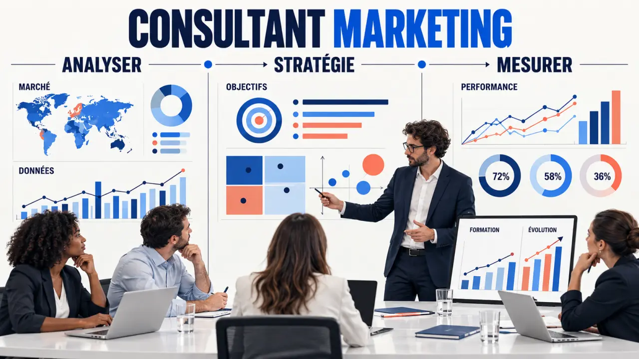 Infographie sur le métier de consultant marketing, ses missions, ses compétences et ses perspectives