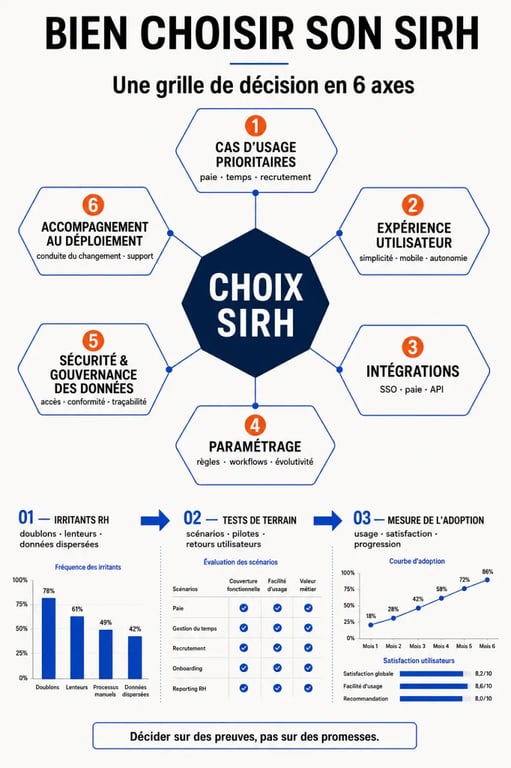 Infographie d’aide au choix SIRH présentant les critères de décision et le parcours de sélection