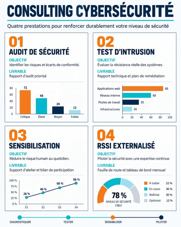 Infographie des principales prestations de consulting cybersécurité : audit, pentest, sensibilisation et RSSI externalisé