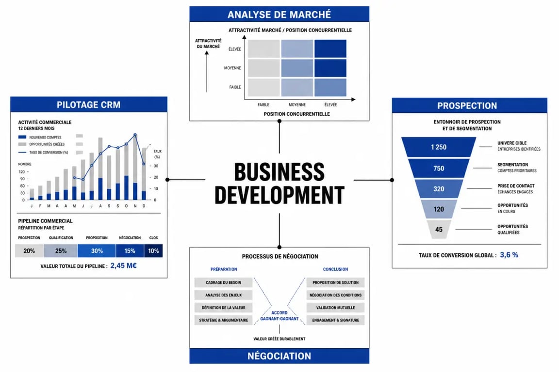 Business développement : schéma éditorial des missions, compétences et outils du métier
