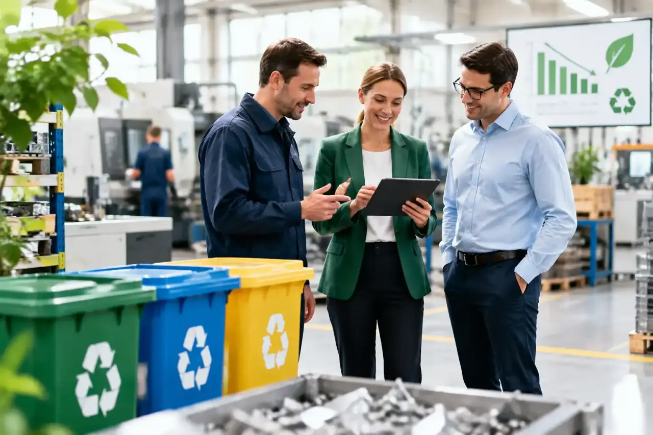 Équipe industrielle analysant les flux de déchets et les indicateurs de performance environnementale