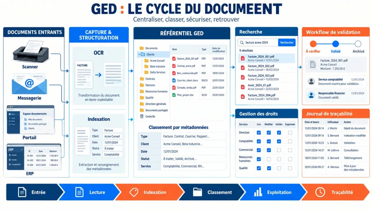 Schéma du fonctionnement d’une GED en entreprise, de la capture des documents à la validation et à la traçabilité